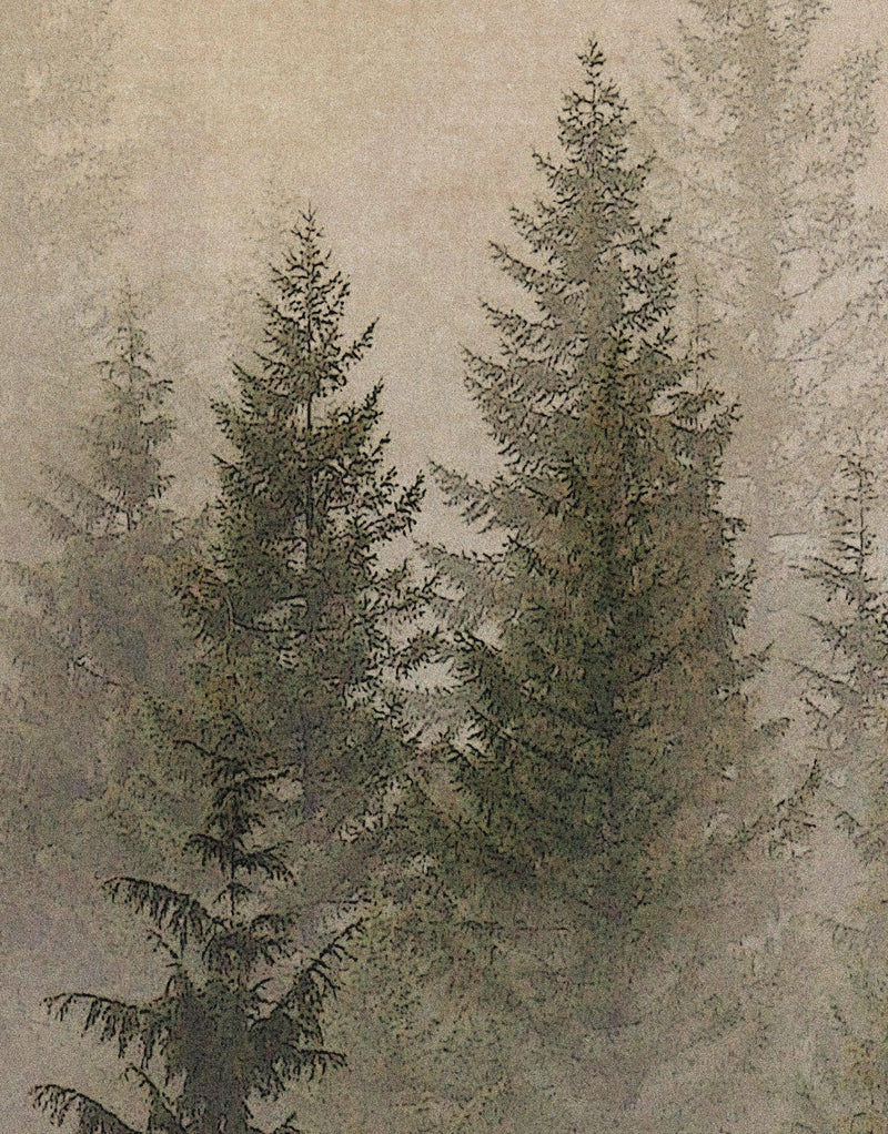 Misty Pine Tree Forest Landscape Wallpaper. Peel and Stick Wall Mural. Self Adhesive Nursery Wall Decor.