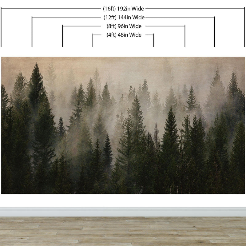 Misty Pine Tree Forest Landscape Wallpaper. Peel and Stick Wall Mural. Self Adhesive Nursery Wall Decor.