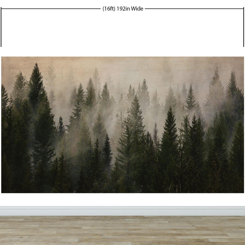 Misty Pine Tree Forest Landscape Wallpaper. Peel and Stick Wall Mural. Self Adhesive Nursery Wall Decor.