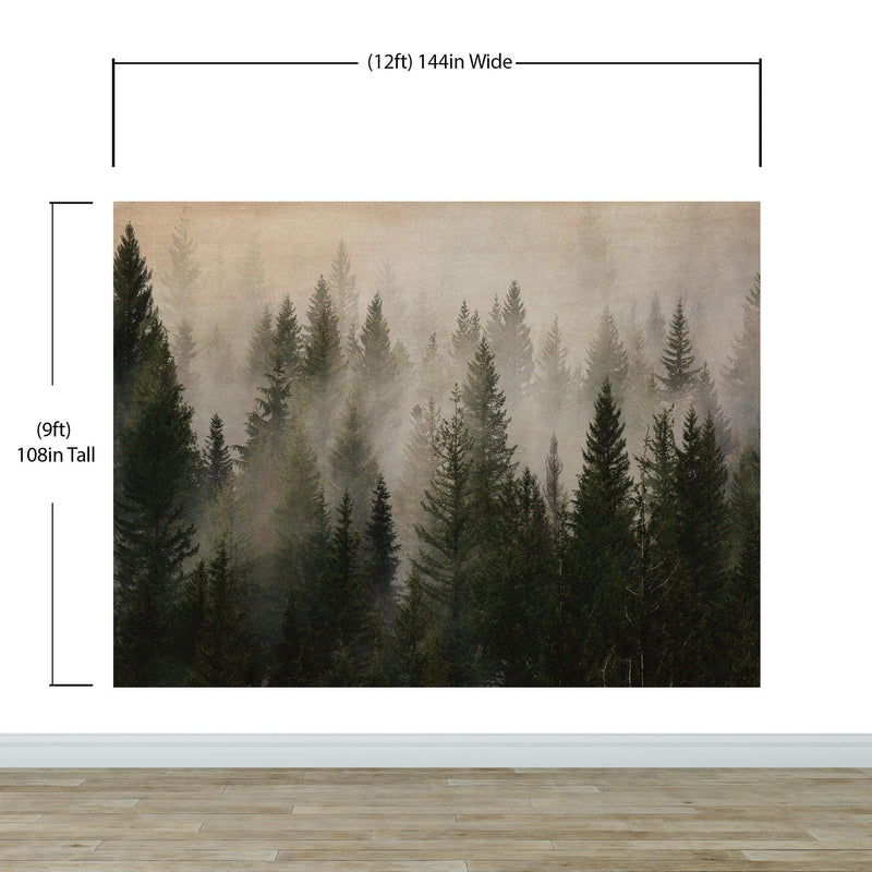 Misty Pine Tree Forest Landscape Wallpaper. Peel and Stick Wall Mural. Self Adhesive Nursery Wall Decor.