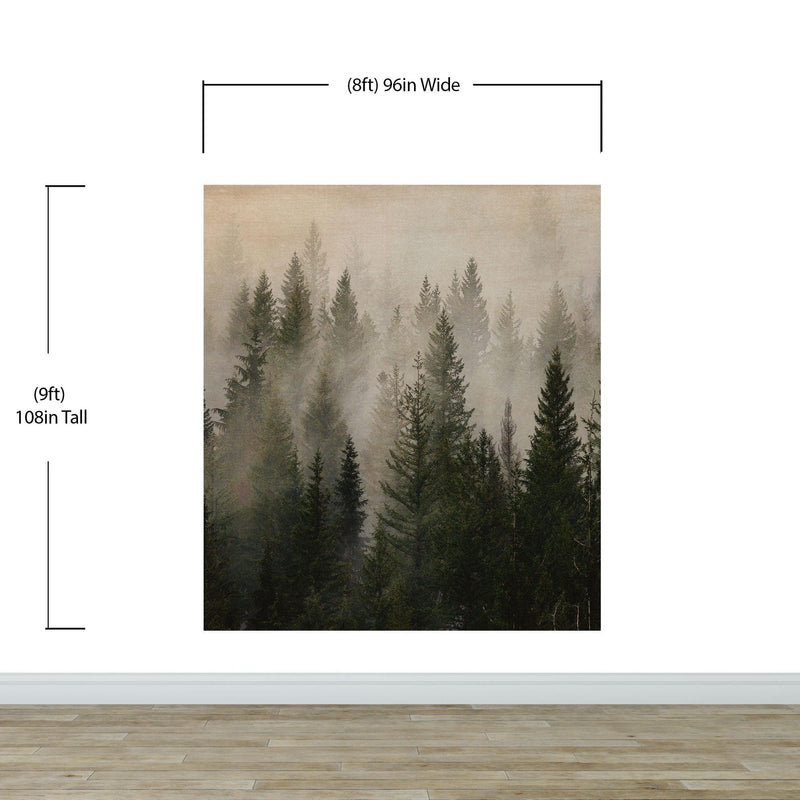 Misty Pine Tree Forest Landscape Wallpaper. Peel and Stick Wall Mural. Self Adhesive Nursery Wall Decor.