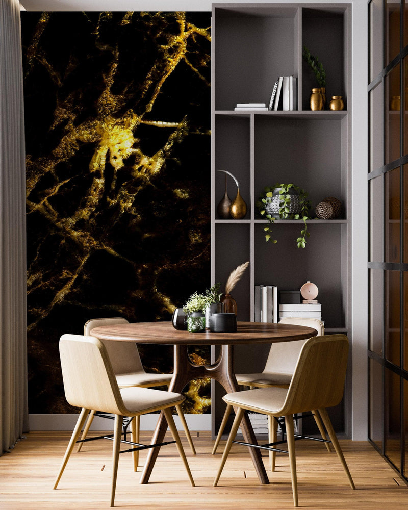 Black and Gold Abstract Marble Stone Peel and Stick Wall Mural.