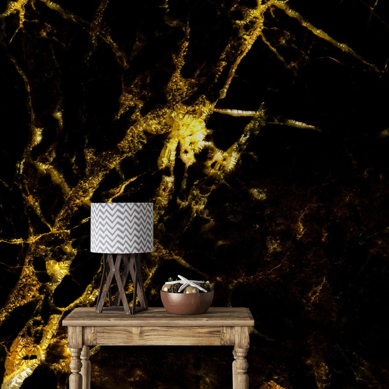 Black and Gold Abstract Marble Stone Peel and Stick Wall Mural.