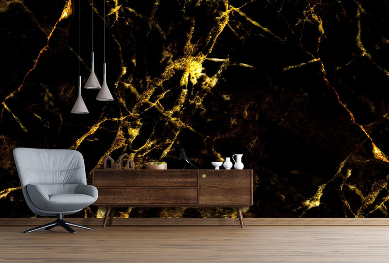Black and Gold Abstract Marble Stone Peel and Stick Wall Mural.