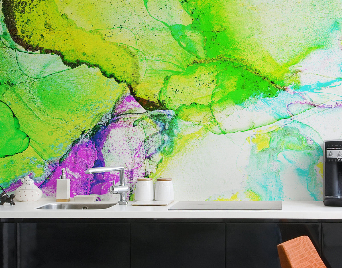 Alcohol Ink Abstract Pattern Peel and Stick Wallpaper Mural. (Lime, Green, Yellow, Purple Stained) #6257, photo 9 of 11