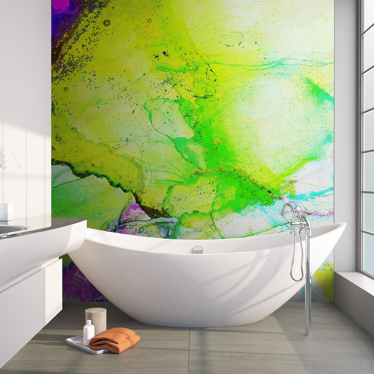 Alcohol Ink Abstract Pattern Peel and Stick Wallpaper Mural. (Lime, Green, Yellow, Purple Stained) #6257, photo 3 of 11