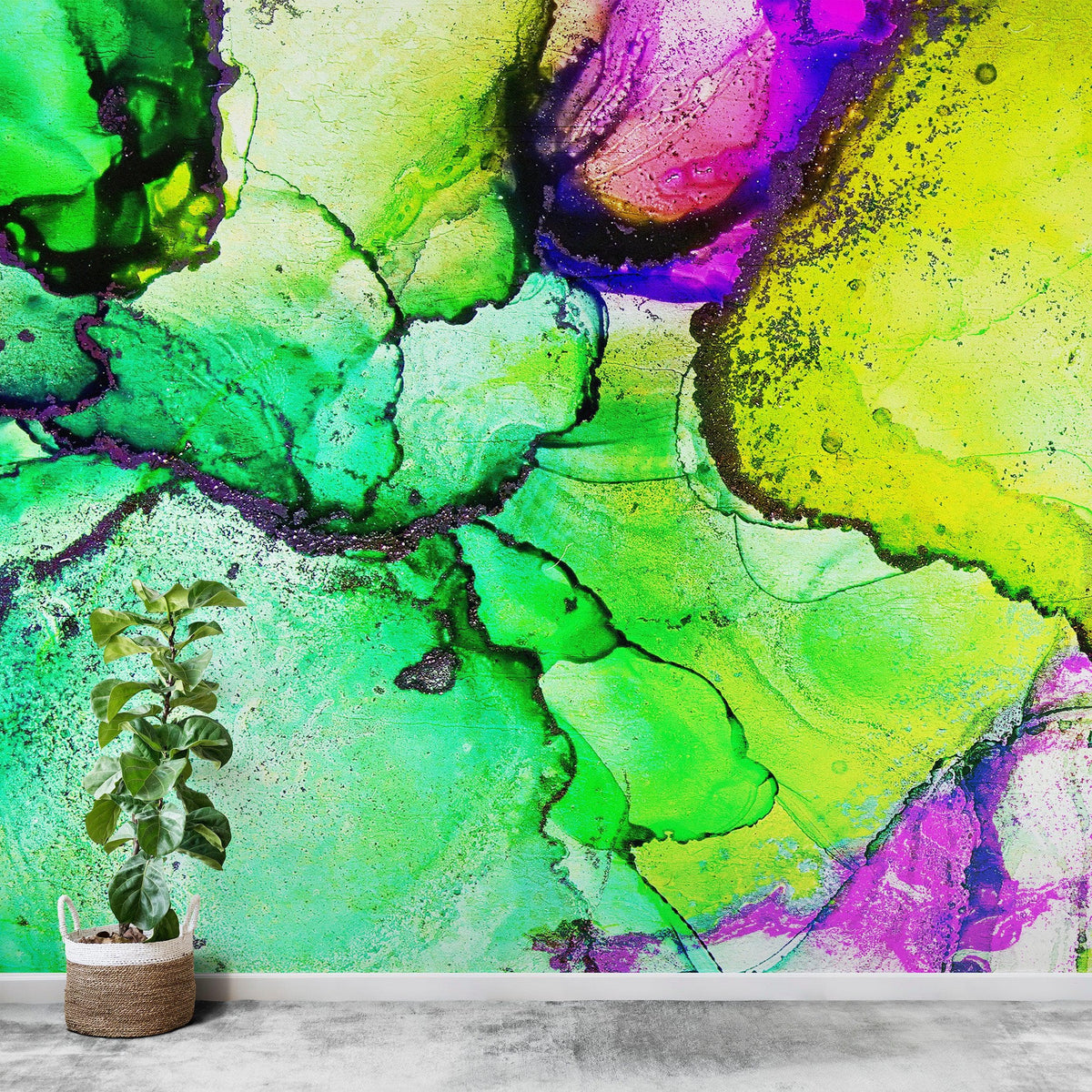 Alcohol Ink Abstract Pattern Peel and Stick Wallpaper Mural. (Lime, Green, Yellow, Purple Stained) #6257, photo 7 of 11