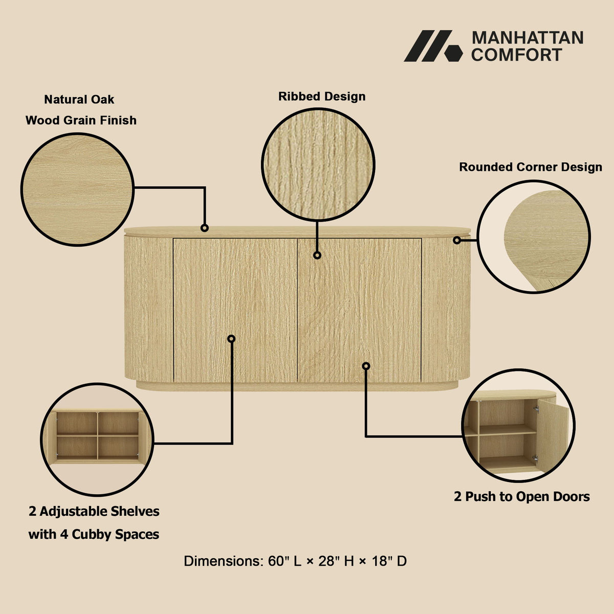 Olivia - Sideboard With 4 Adjustable Shelves With Handle Free Doors And Rounded Edges - Oak, photo 6 of 12