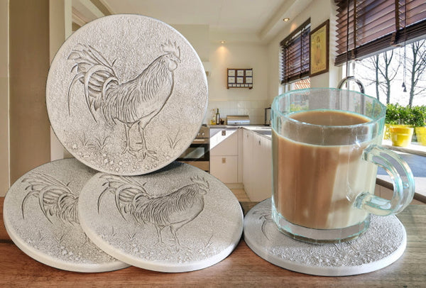 Rooster Coasters, installed in a room