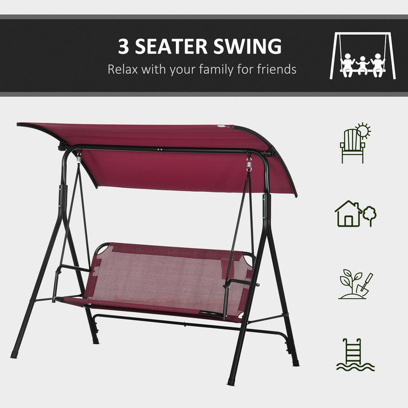 3-Person Porch Swing Bench with Stand & Adjustable Canopy, Armrests, Steel Frame for Outdoor, Garden, Patio, Porch & Poolside, Wine Red