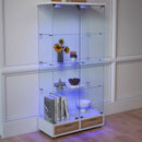 Glass Display Cabinet With LED Lights, Tempered Glass Doors, Large Drawers, 2 Door Storage Case With 4 Shelves - Natural / White by HouseOfZazla