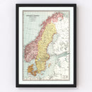 Vintage Map of Sweden, Norway & Denmark 1871