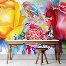 Colorful Bird and Roses Flower Watercolor Artwork Wall Mural. Removable Peel and Stick Wall Mural.