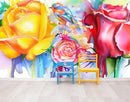 Colorful Bird and Roses Flower Watercolor Artwork Wall Mural. Removable Peel and Stick Wall Mural.