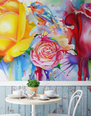 Colorful Bird and Roses Flower Watercolor Artwork Wall Mural. Removable Peel and Stick Wall Mural.