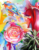 Colorful Bird and Roses Flower Watercolor Artwork Wall Mural. Removable Peel and Stick Wall Mural.