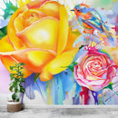 Colorful Bird and Roses Flower Watercolor Artwork Wall Mural. Removable Peel and Stick Wall Mural.