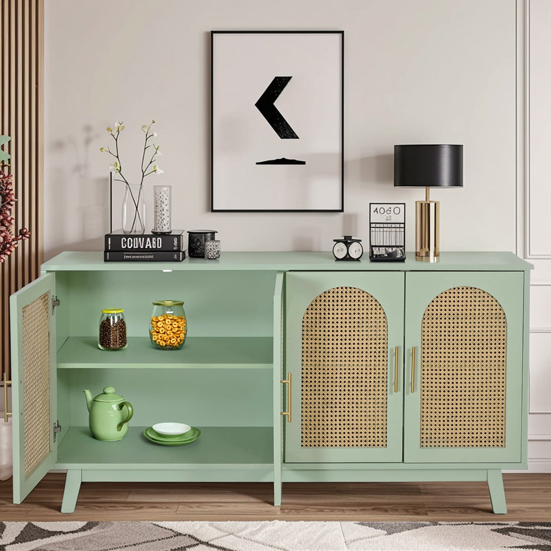 59.84"Modern 4-Door Cabinet with Rattan Decorative Doors,for Bedroom,Living Room,Office,Easy Assembly, Mint Green