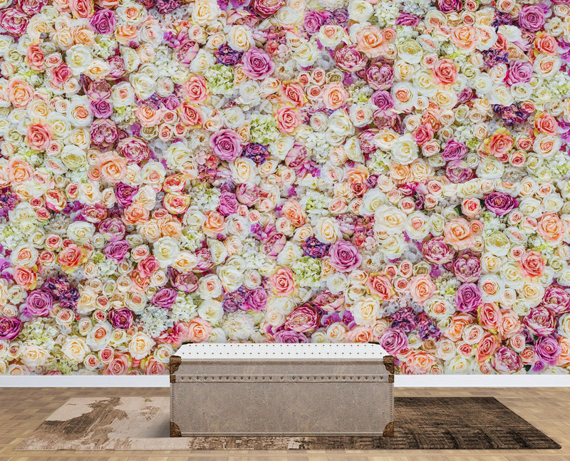 Peonies Flower Pattern Peel and Stick Wall Mural. Wedding Background.