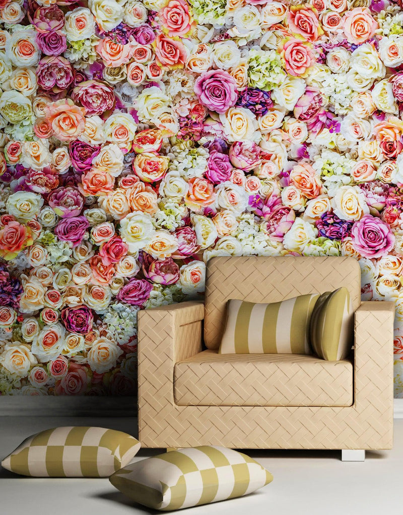 Peonies Flower Pattern Peel and Stick Wall Mural. Wedding Background.