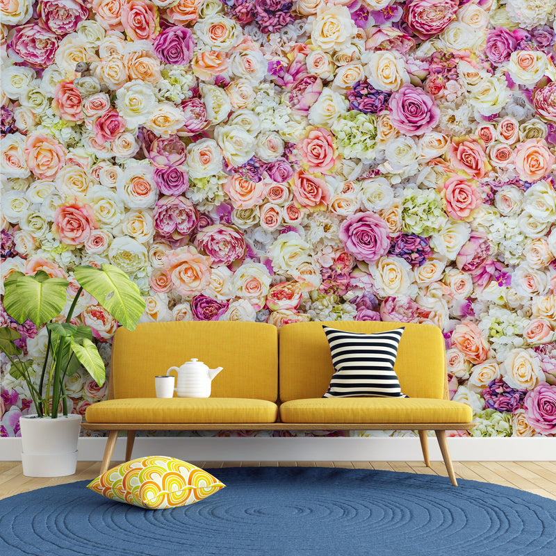 Peonies Flower Pattern Peel and Stick Wall Mural. Wedding Background.