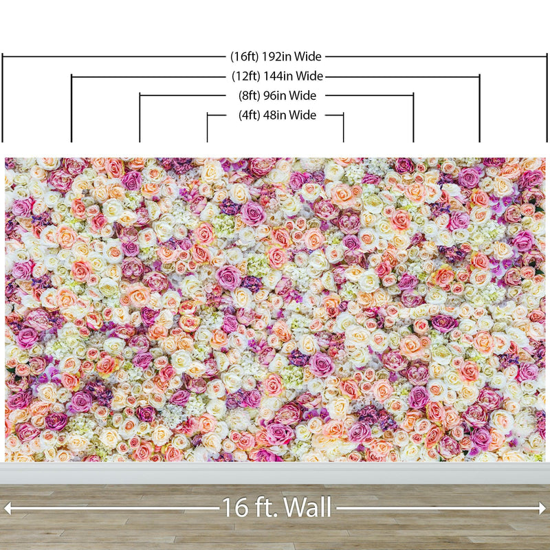 Peonies Flower Pattern Peel and Stick Wall Mural. Wedding Background.