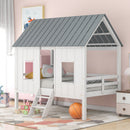 Twin Size Low Loft House Bed With Roof And 2 Front Windows - White by HouseOfZazla