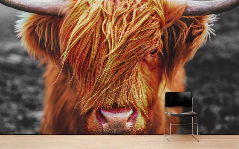 Highland Cow Cattle Head Wall Mural - Farmhouse Charm for Your Home.