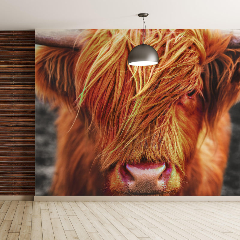 Highland Cow Cattle Head Wall Mural - Farmhouse Charm for Your Home.