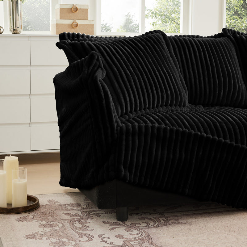 L-Shaped Slipcovered Sectional Sofa Couch, Comfy Deep Seat Cloud Couch with Convertible Ottoman & 2 Big Pillows, Modern Oversized 3 Seater Slipcovered Sofa Set for Living Room Office, Black Corduroy