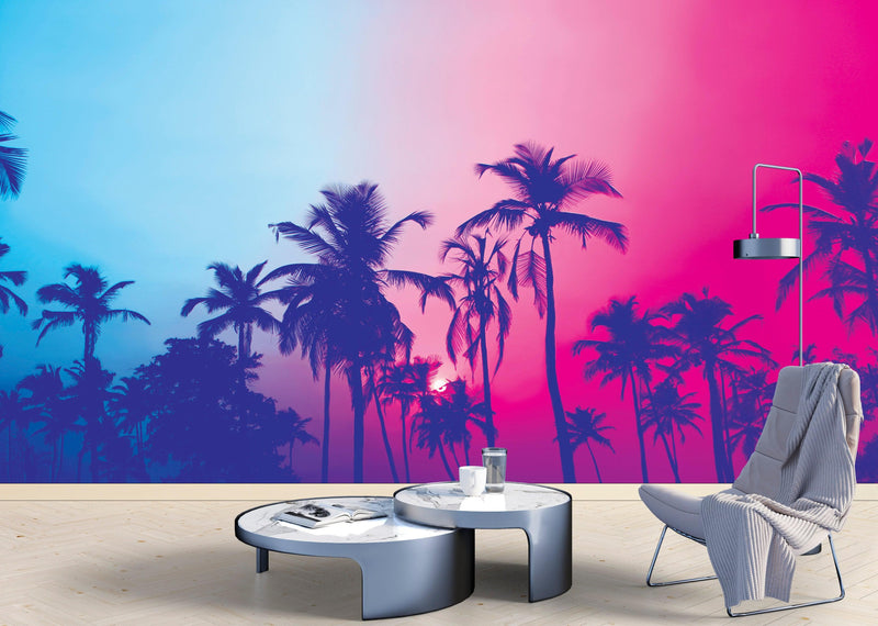 Miami Tropical Palm Tree Vice Color Wall Mural. Bright Miami Vice Blue and Fuchsia Colors.