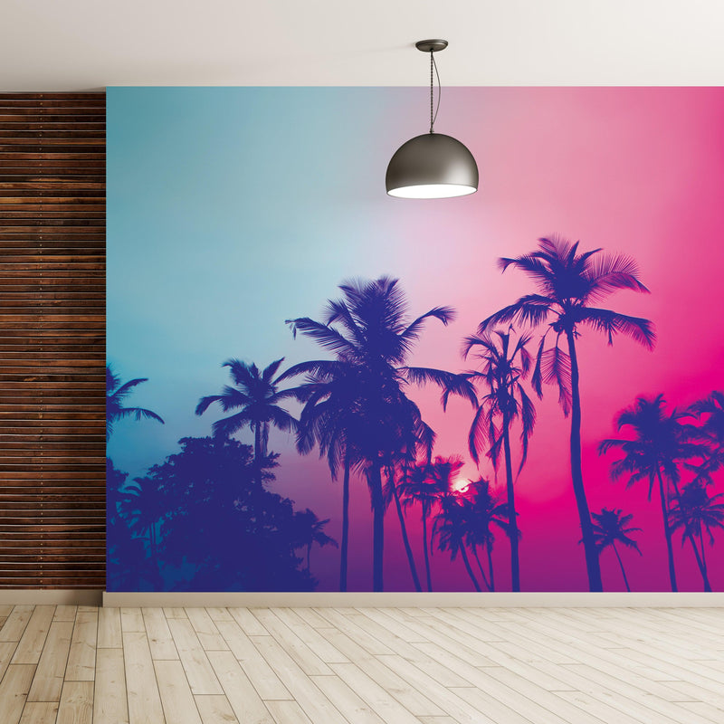 Miami Tropical Palm Tree Vice Color Wall Mural. Bright Miami Vice Blue and Fuchsia Colors.