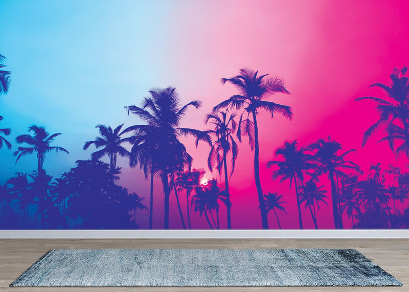 Miami Tropical Palm Tree Vice Color Wall Mural. Bright Miami Vice Blue and Fuchsia Colors.