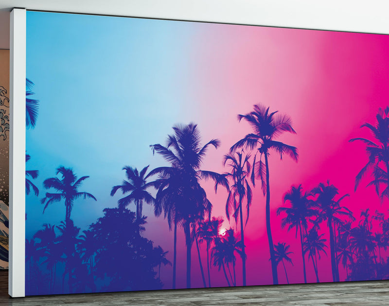 Miami Tropical Palm Tree Vice Color Wall Mural. Bright Miami Vice Blue and Fuchsia Colors.