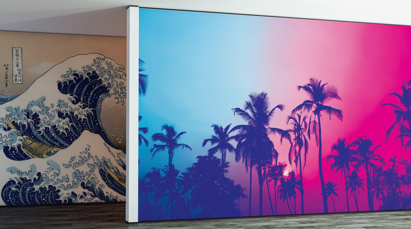 Miami Tropical Palm Tree Vice Color Wall Mural. Bright Miami Vice Blue and Fuchsia Colors.