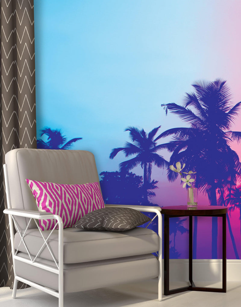 Miami Tropical Palm Tree Vice Color Wall Mural. Bright Miami Vice Blue and Fuchsia Colors.