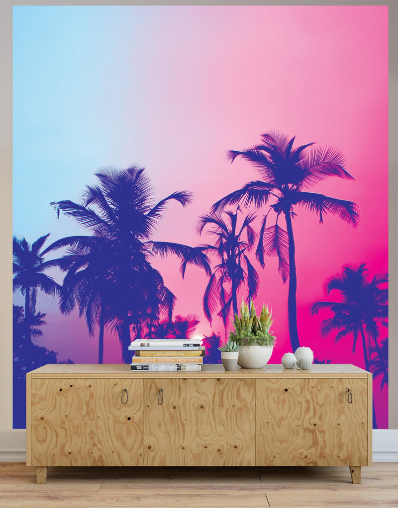 Miami Tropical Palm Tree Vice Color Wall Mural. Bright Miami Vice Blue and Fuchsia Colors.