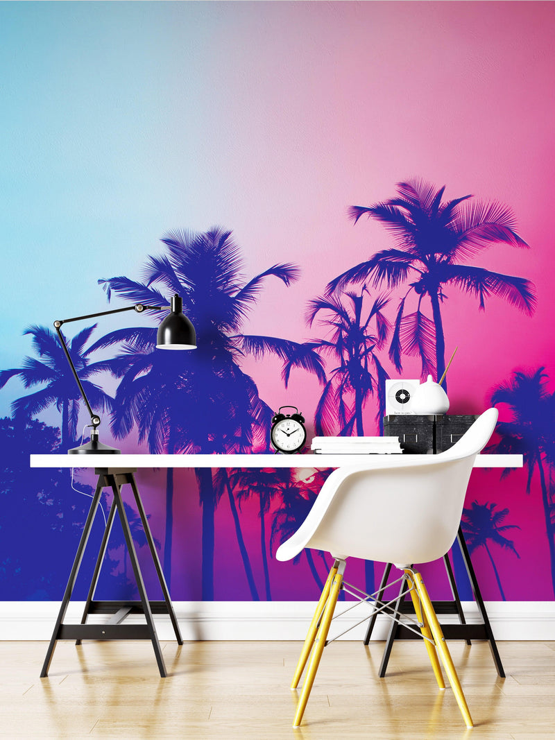 Miami Tropical Palm Tree Vice Color Wall Mural. Bright Miami Vice Blue and Fuchsia Colors.