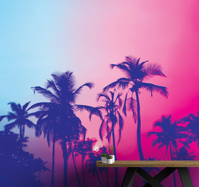 Miami Tropical Palm Tree Vice Color Wall Mural. Bright Miami Vice Blue and Fuchsia Colors.