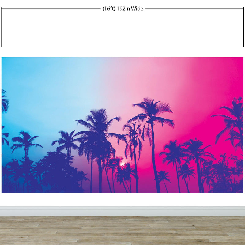 Miami Tropical Palm Tree Vice Color Wall Mural. Bright Miami Vice Blue and Fuchsia Colors.