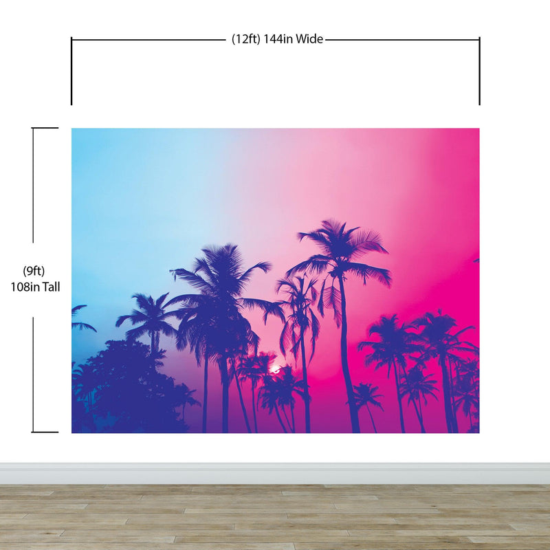 Miami Tropical Palm Tree Vice Color Wall Mural. Bright Miami Vice Blue and Fuchsia Colors.