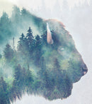 Foggy Mountain Forest View with Bison Buffalo Overlay Natural Scenery Wall Mural