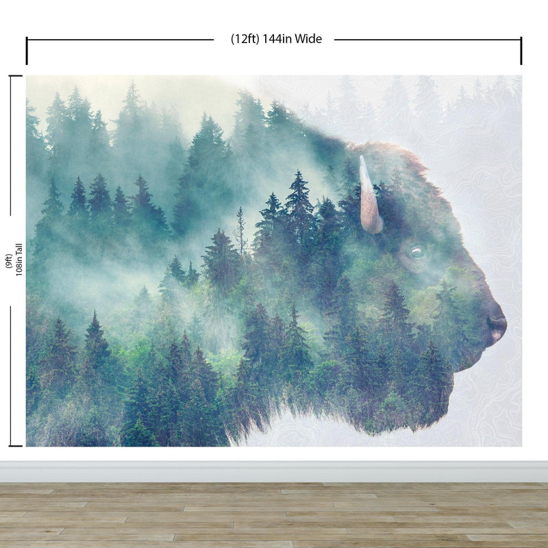 Foggy Mountain Forest View with Bison Buffalo Overlay Natural Scenery Wall Mural