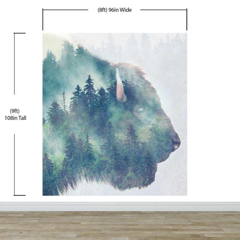 Foggy Mountain Forest View with Bison Buffalo Overlay Natural Scenery Wall Mural