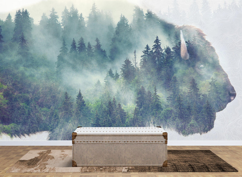 Foggy Mountain Forest View with Bison Buffalo Overlay Natural Scenery Wall Mural