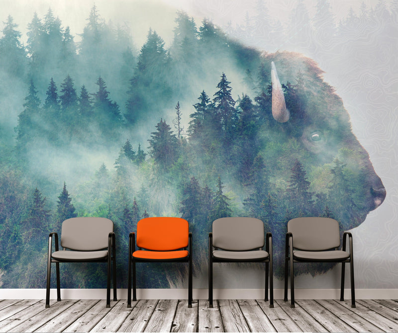 Foggy Mountain Forest View with Bison Buffalo Overlay Natural Scenery Wall Mural