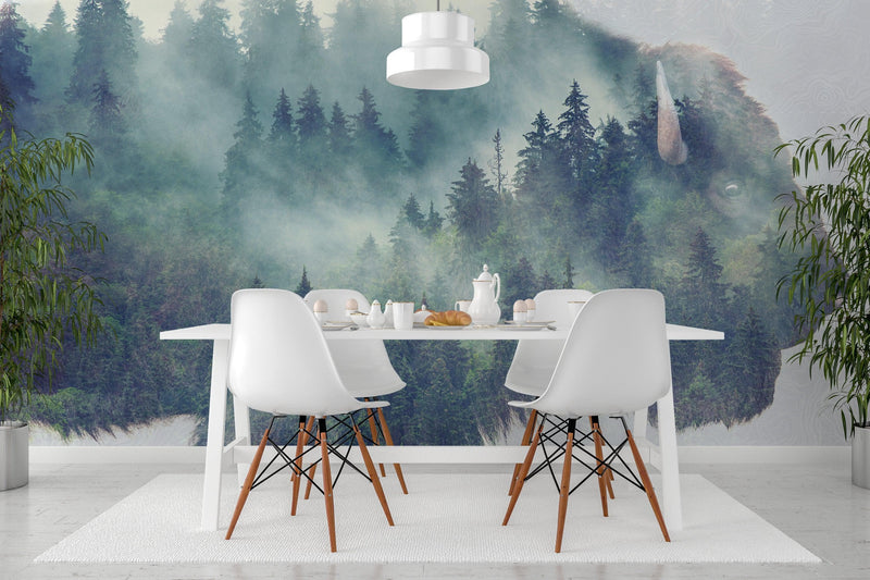 Foggy Mountain Forest View with Bison Buffalo Overlay Natural Scenery Wall Mural