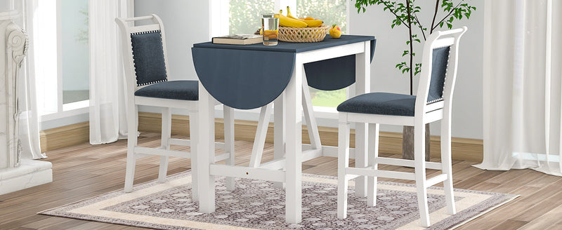 3-Piece Wood Counter Height Drop Leaf Dining Table Set with 2 Upholstered Dining Chairs for Small Place, White+Gray