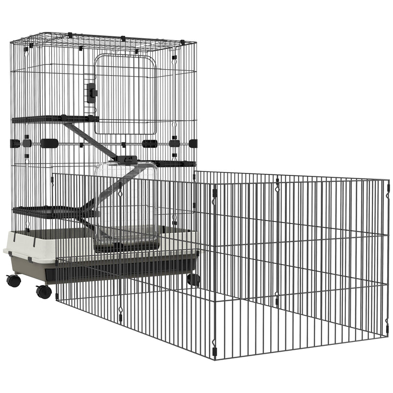 45" Small Animal Cage with Wheels, 4-Level Portable Bunny Cage, Chinchilla Ferret Cage with Removable Tray, Platforms and Ramps, Black