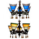GobekUsa Retro Geometric Stained Glass Chandelier with Crystal Pendants - 5 Bulbs in Yellow/Blue for Bedroom